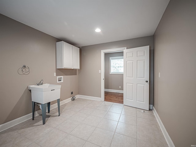 laundry area featuring cabinet space, recessed lighting, electric dryer hookup, baseboards, and hookup for a washing machine