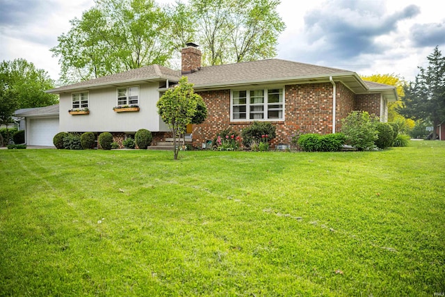 view of front facade featuring a chimney, brick siding, a garage, roof with shingles, and a front lawn