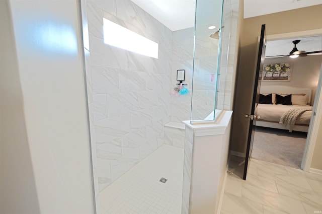 6357 Spirea Ct, West Lafayette, IN 47906 - ensuite bathroom with marble finish floor, walk in shower, ensuite bath, and ceiling fan