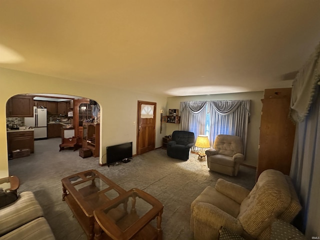 carpeted living area with arched walkways