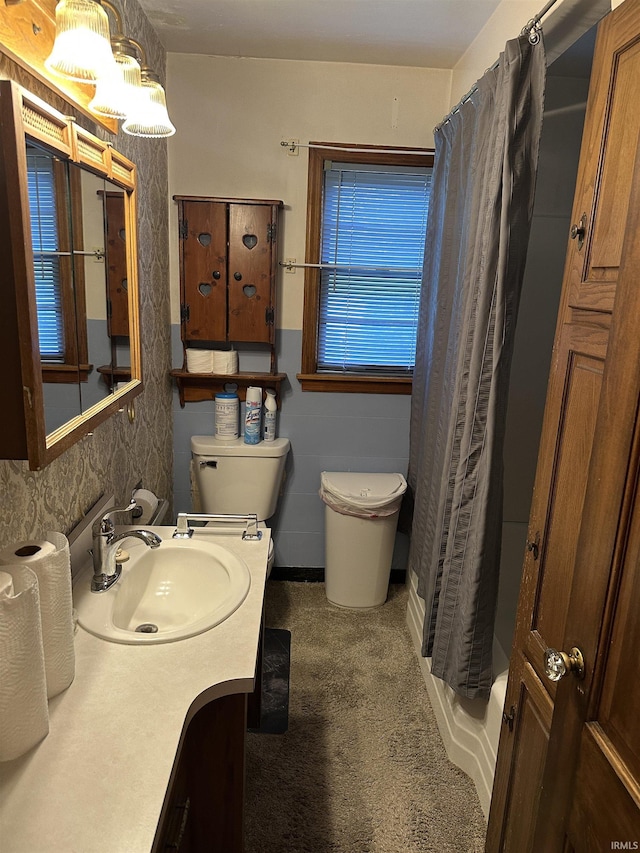 full bathroom with vanity, toilet, and a shower with curtain