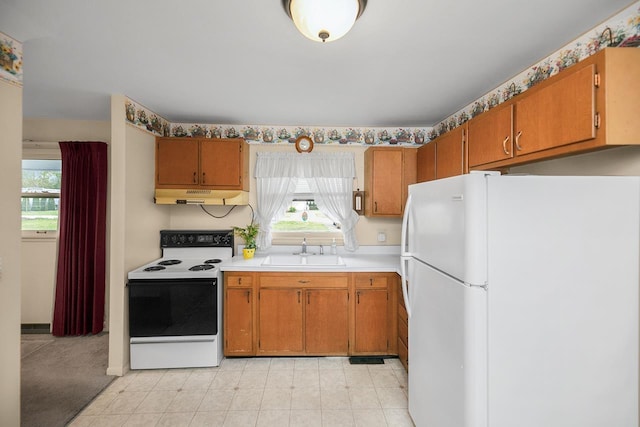 kitchen with a sink, freestanding refrigerator, under cabinet range hood, light countertops, and electric stove