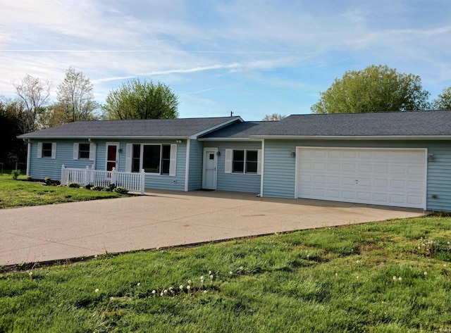 ranch-style home with concrete driveway, a front yard, and an attached garage