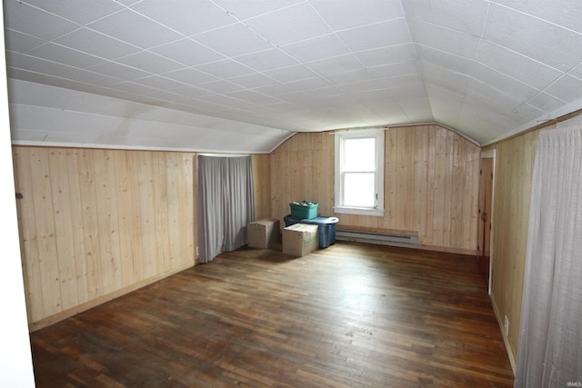 29623 County Road 6th Rd, Elkhart, IN 46514 - additional living space with a baseboard radiator, dark wood-style floors, lofted ceiling, and wooden walls