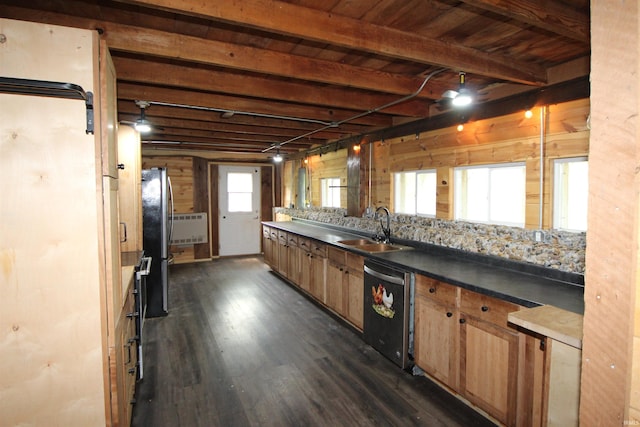 29623 County Road 6th Rd, Elkhart, IN 46514 - kitchen featuring stainless steel appliances, a sink, dark wood-type flooring, brown cabinetry, and beam ceiling