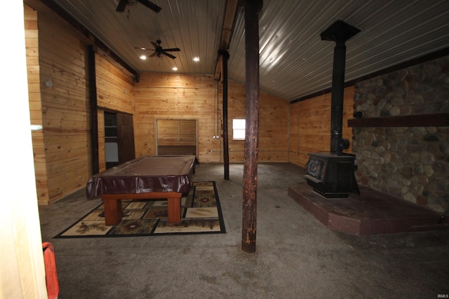 29623 County Road 6th Rd, Elkhart, IN 46514 - miscellaneous room with a wood stove, lofted ceiling, wooden walls, carpet flooring, and billiards table