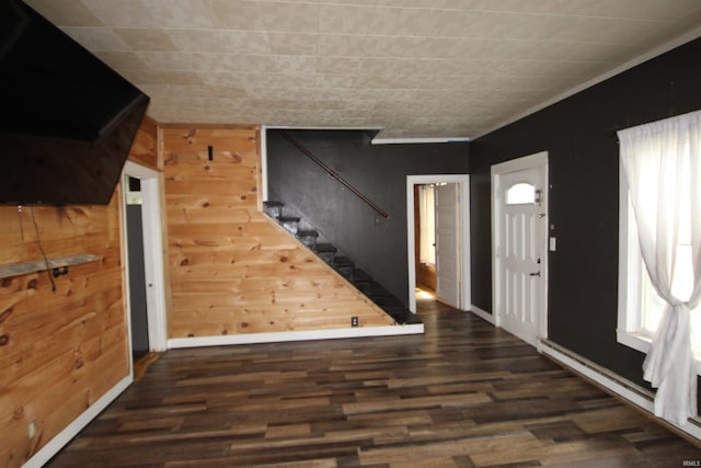 29623 County Road 6th Rd, Elkhart, IN 46514 - foyer entrance featuring stairs, wood finished floors, baseboards, wooden walls, and crown molding