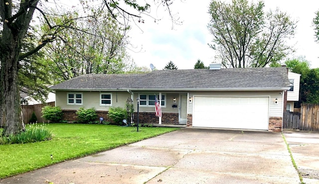 single story home with fence, a garage, brick siding, and driveway