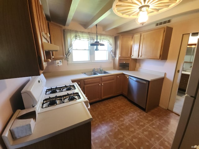 kitchen featuring a sink, gas range gas stove, visible vents, beamed ceiling, and stainless steel dishwasher