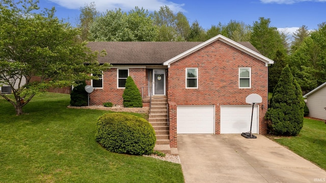ranch-style home featuring an attached garage, brick siding, driveway, and a front yard