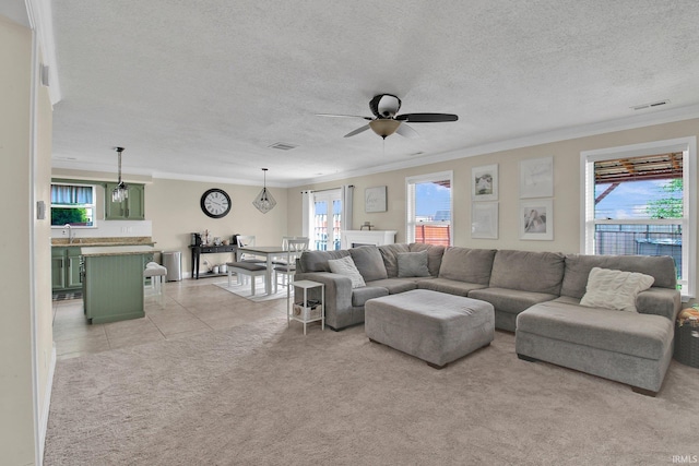 living area featuring light carpet, ornamental molding, plenty of natural light, and visible vents