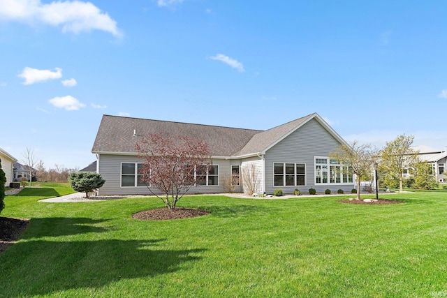 back of house featuring a shingled roof and a yard