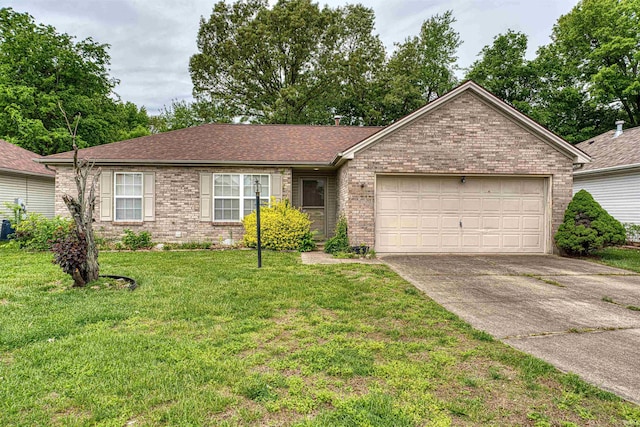ranch-style house with brick siding, driveway, a garage, a front lawn, and a shingled roof