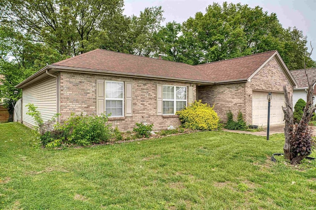 single story home featuring a front yard, roof with shingles, brick siding, and a garage