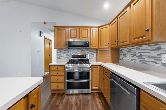 104 S Line St, South Whitley, IN 46787 - kitchen with dark wood-style flooring, lofted ceiling, light countertops, and appliances with stainless steel finishes