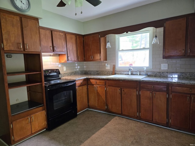 kitchen featuring a sink, tasteful backsplash, dark floors, a ceiling fan, and black range with electric cooktop