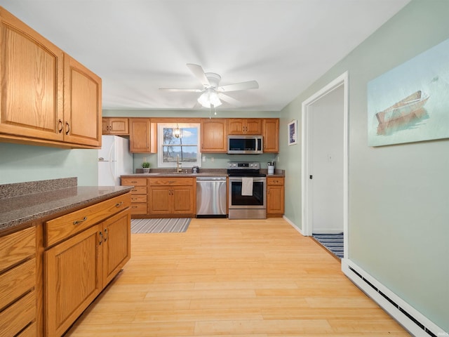 kitchen with baseboard heating, light wood finished floors, ceiling fan, a sink, and appliances with stainless steel finishes