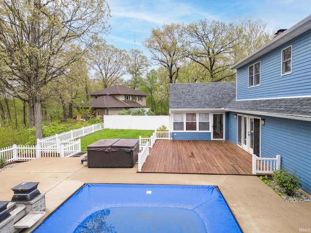 5259 E Willow Ct, Monticello, IN 47960 - view of swimming pool with a hot tub, a deck, a fenced in pool, and a fenced backyard