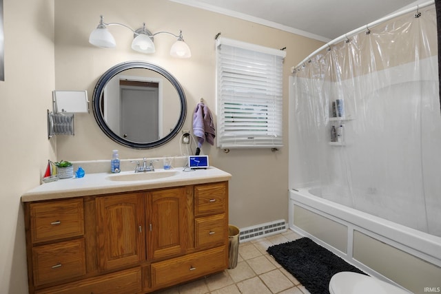 bathroom featuring shower / bath combo with shower curtain, visible vents, tile patterned floors, vanity, and crown molding
