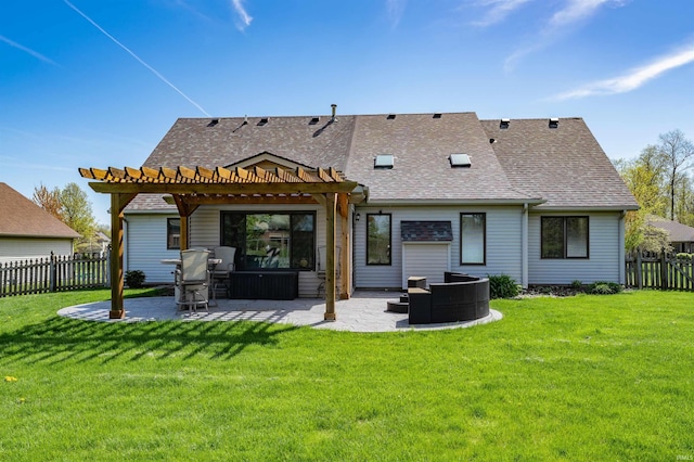 back of house with a pergola, a patio area, a fenced backyard, and a shingled roof