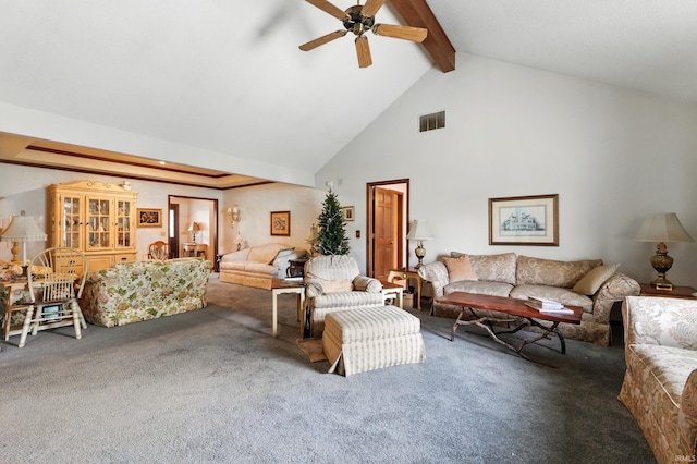 living room featuring a ceiling fan, beamed ceiling, visible vents, and carpet floors