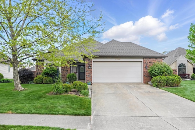 ranch-style house featuring an attached garage, brick siding, concrete driveway, a front lawn, and a shingled roof