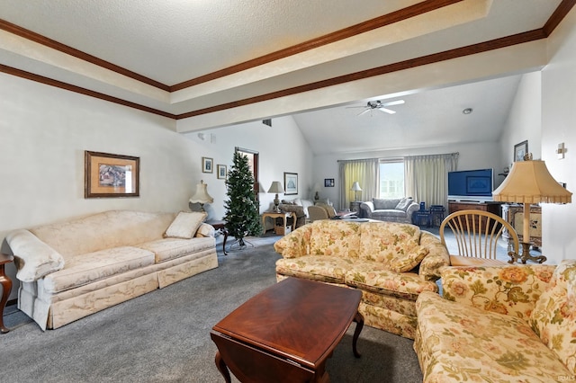 carpeted living room featuring lofted ceiling, crown molding, and a ceiling fan
