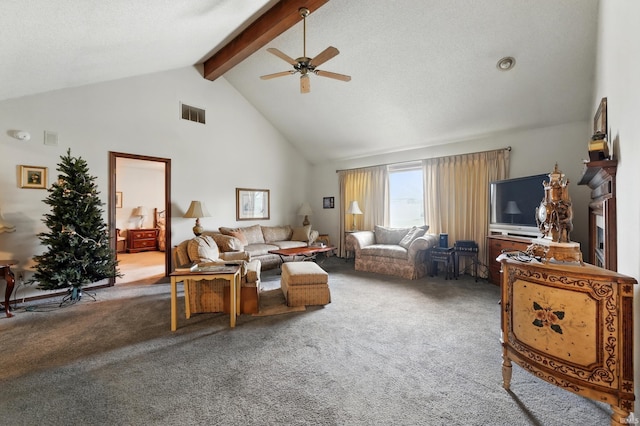 carpeted living area featuring a ceiling fan, beamed ceiling, visible vents, and high vaulted ceiling