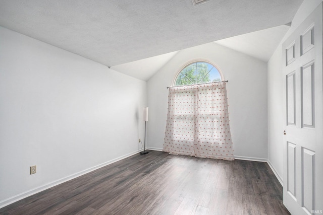 21521 Cheri Ln, Bristol, IN 46507 - spare room with vaulted ceiling, a textured ceiling, baseboards, and dark wood-type flooring