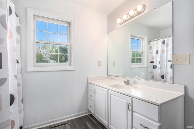 21521 Cheri Ln, Bristol, IN 46507 - bathroom featuring baseboards, visible vents, a shower with shower curtain, vanity, and wood finished floors