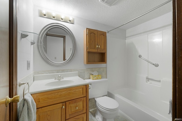 full bath featuring toilet, vanity, a textured ceiling, visible vents, and shower / bath combination