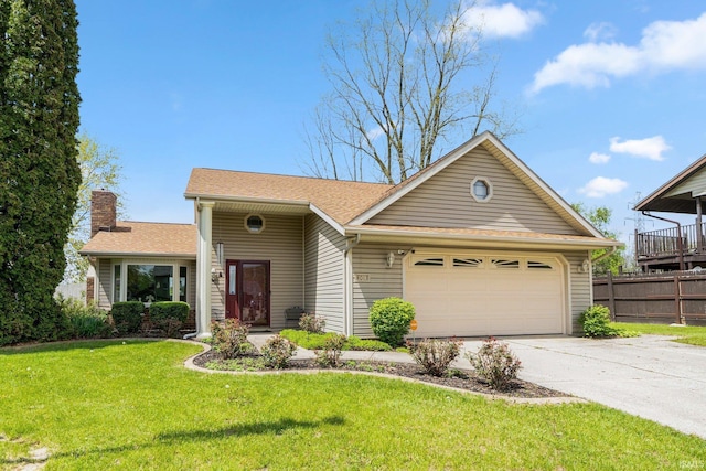 ranch-style house with fence, an attached garage, driveway, a front lawn, and a chimney