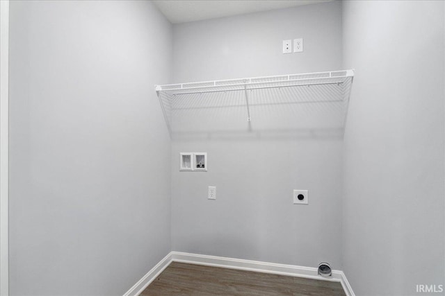 laundry room featuring baseboards, hookup for a washing machine, laundry area, dark wood-style floors, and electric dryer hookup