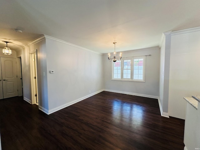 unfurnished dining area with a chandelier, dark wood-style flooring, baseboards, and ornamental molding