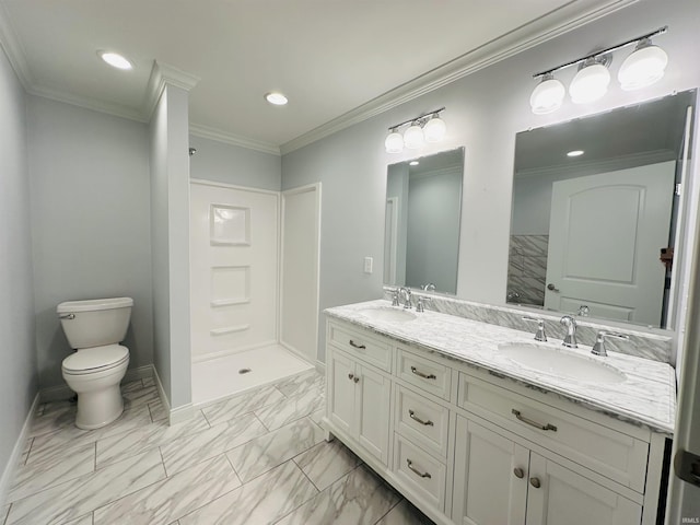 full bathroom with toilet, ornamental molding, double vanity, and a sink