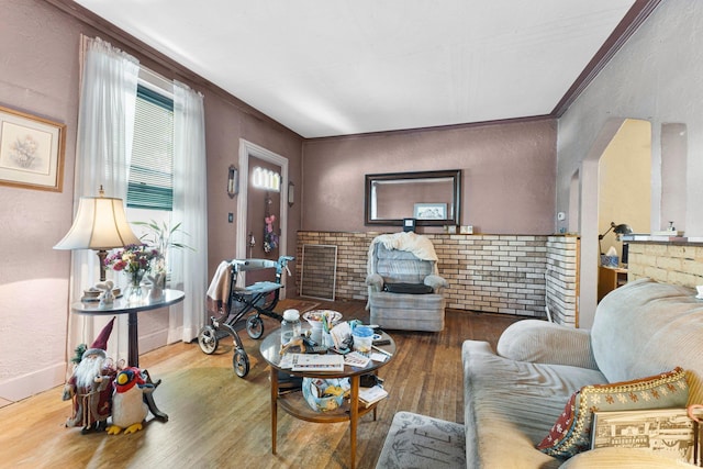 living area featuring crown molding, wood finished floors, and a textured wall