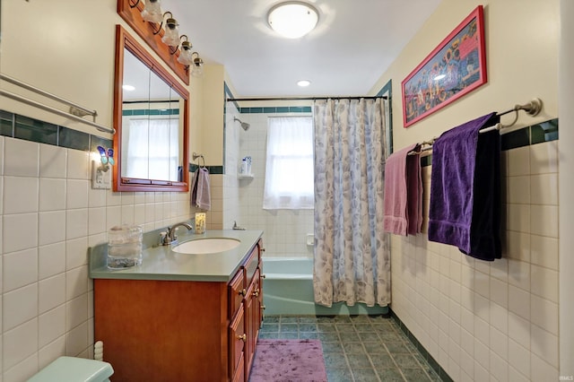 3806 S State Road 3, New Castle, IN 47362 - full bath featuring tile walls, toilet, vanity, shower / tub combo with curtain, and tile patterned flooring