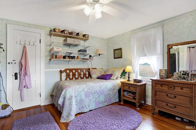 3806 S State Road 3, New Castle, IN 47362 - bedroom featuring ceiling fan, hardwood / wood-style floors, and wallpapered walls