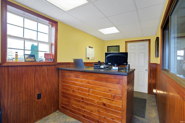3806 S State Road 3, New Castle, IN 47362 - home office featuring a drop ceiling, wooden walls, and wainscoting