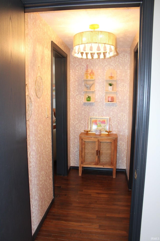 hallway featuring wallpapered walls and hardwood / wood-style flooring