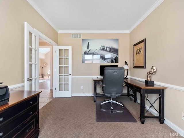 1817 Prestwick Ln, Fort Wayne, IN 46814 - office area with crown molding, carpet floors, french doors, and visible vents