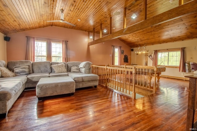 12190 W County Line Rd, Plymouth, IN 46563 - living room featuring wooden ceiling, vaulted ceiling, and hardwood / wood-style flooring