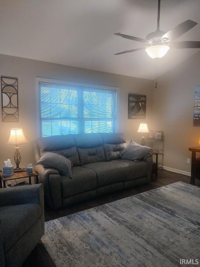 337 W White Pine Ct, Bloomington, IN 47403 - living room featuring ceiling fan, baseboards, a healthy amount of sunlight, and wood finished floors