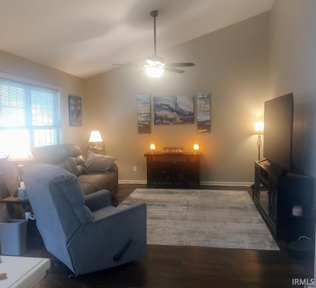 337 W White Pine Ct, Bloomington, IN 47403 - living room with lofted ceiling, baseboards, ceiling fan, and wood finished floors