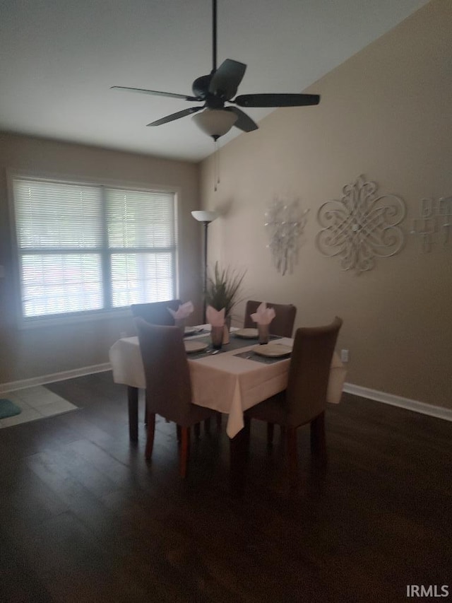 337 W White Pine Ct, Bloomington, IN 47403 - dining room featuring baseboards, dark wood-style flooring, and ceiling fan