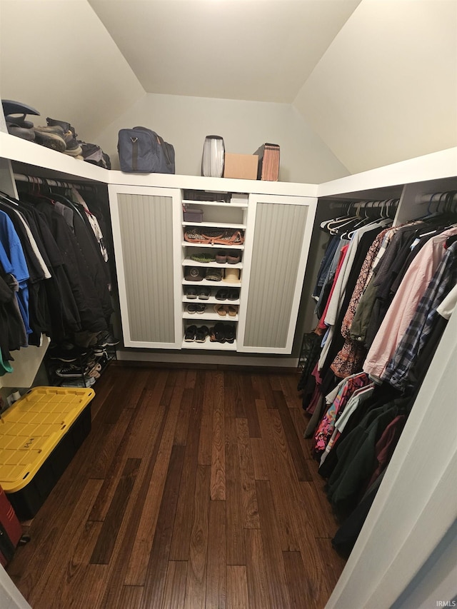 spacious closet with lofted ceiling and hardwood / wood-style floors