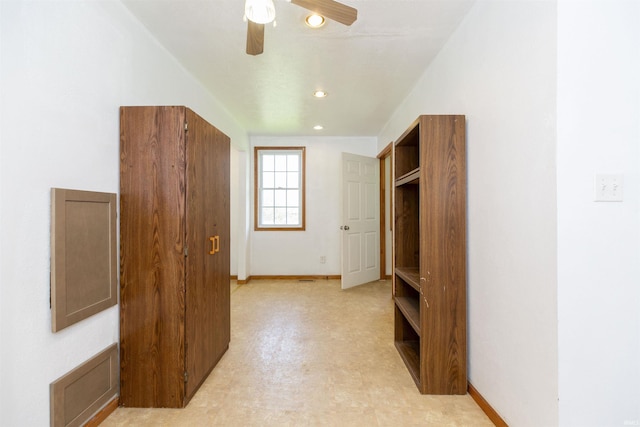 unfurnished bedroom featuring baseboards, a ceiling fan, and recessed lighting