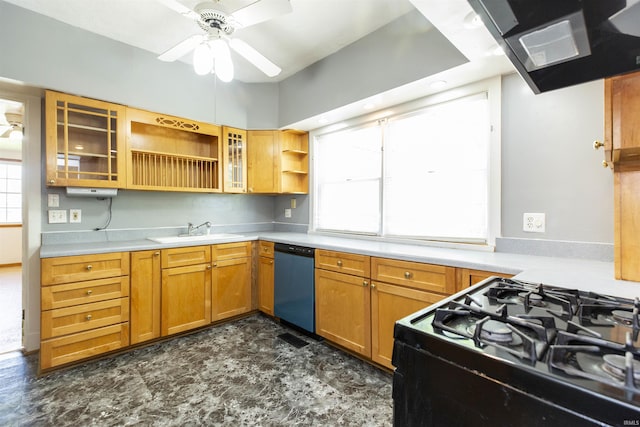 kitchen with dishwasher, gas stove, ceiling fan, a sink, and open shelves