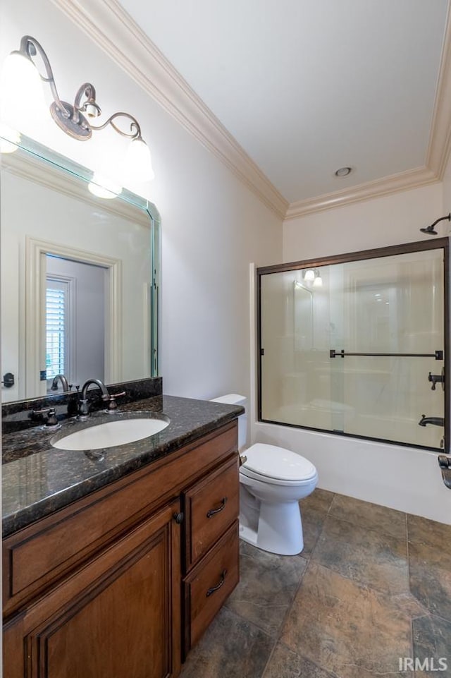 5318 Claiborn Ct, Newburgh, IN 47630 - bathroom featuring stone finish floor, toilet, shower / bath combination with glass door, vanity, and crown molding