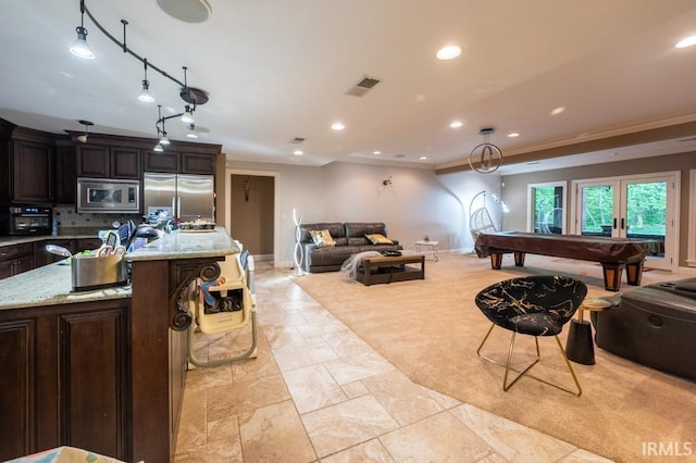 5318 Claiborn Ct, Newburgh, IN 47630 - living room with visible vents, recessed lighting, crown molding, billiards, and baseboards